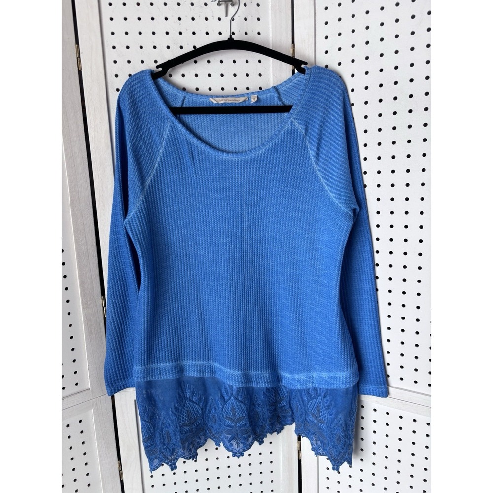 Soft Surroundings Tunic Waffle Knit Thermal Shirt Women's M Blue Lace